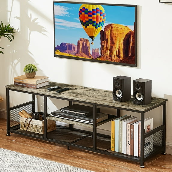VECELO TV Stand up to 60 Inches, Industrial 55.11" Entertainment Center with Storage and Mesh Shelf for Living Room/Bedroom, Gray
