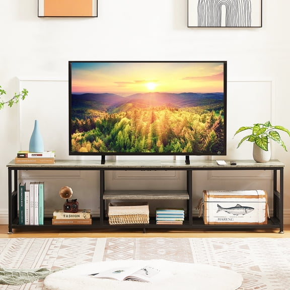 VECELO TV Stand up to 80 Inches, Industrial 70.86" Entertainment Center with Storage and Mesh Shelf for Living Room/Bedroom, Gray