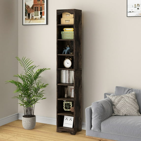 VECELO Tall Narrow Corner Bookcase, Enclosed Free-Standing Storage Cabinet with Adjustable Shelves, Anti-tilting Device and Dust-Free Organization, Brown