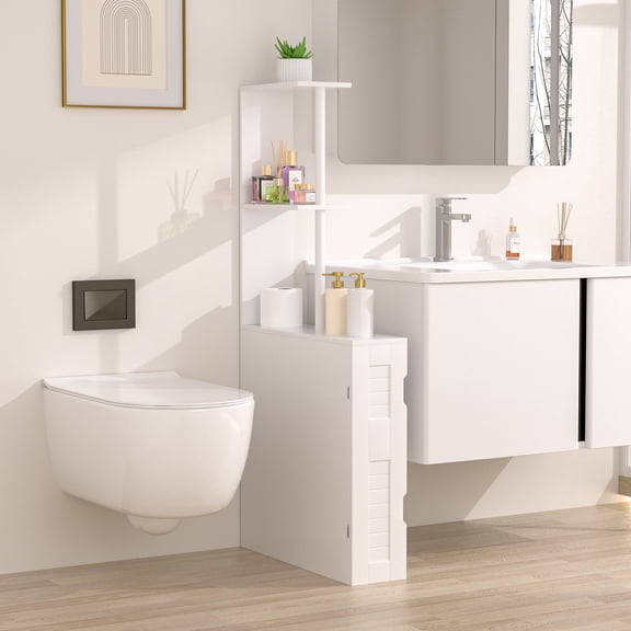 VECELO Tall Storage Cabinets with Door and Open Shelves, Narrow Side Freestanding Organizer, Multi-Purpose Floor Cabinet for Bathroom, Kitchen, Living Room, Entryway, White