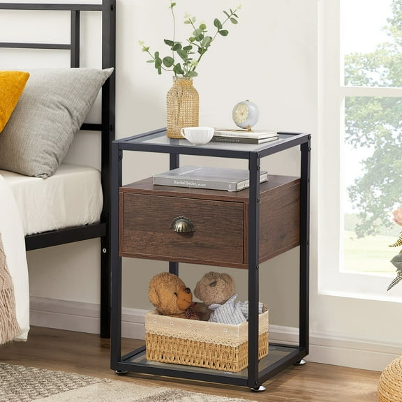 VECELO Tempered Glass Top Nightstand with Drawer, Modern Bedside/Sofa Side End Table for Bedroom Living room, Brown