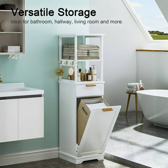 VECELO Tilt Out Laundry Hamper Cabinet, Hidden Drawer and 3 Hooks,2-Tier Storage Shelves with Removable Laundry Basket 53" Tall Bathroom Storage Organizer for Laundry Room, White