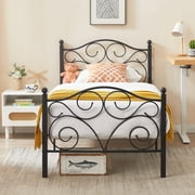 VECELO Traditional Metal Platform Bed Frame with Butterfly Shape Headboards and Footboard, Twin Size, Black