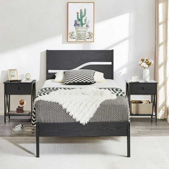 VECELO Twin 3-Piece Bedroom Set Wood Headboard Platform Bed Frame and 2 Nightstands in Black