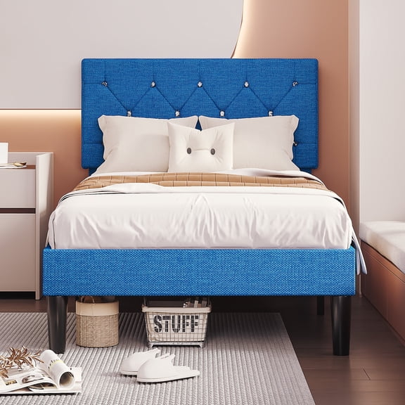 VECELO Twin Bed Frame, Blue Twin Size Upholstered Bed with Button Tufted Headboard, Easy To Assemble, No Box Spring Needed, Blue