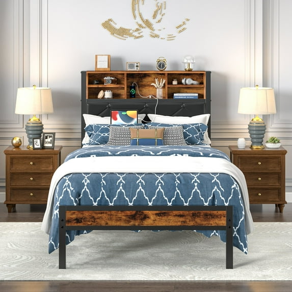 VECELO Twin Bed Frame with Bookcase Headboard, Metal Platform Bed with LED Light & Charging Station, Storage Bed with Heavy Duty Slats Support, No Box Spring Required, Brown