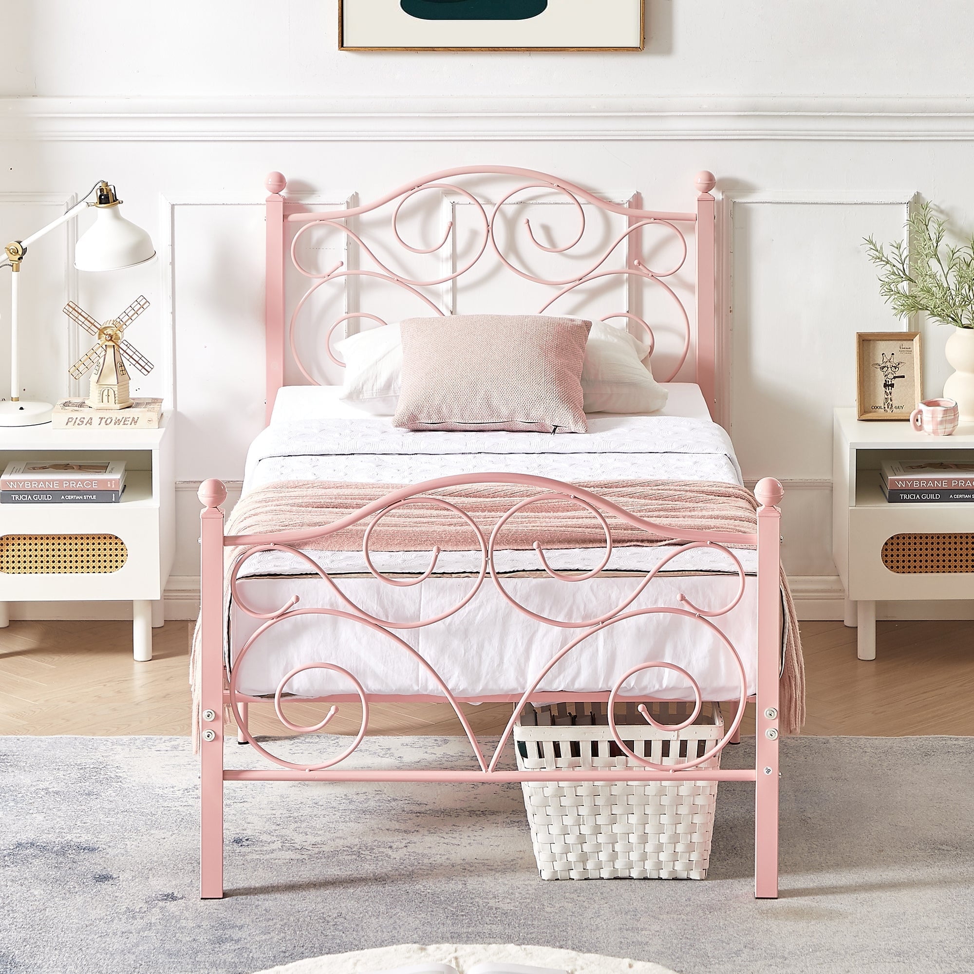 VECELO Twin Bed Frame with Headboard & Footboard, Modern Metal Platform Bed Frame with Underbed Storage Space, No Box Spring Needed, Heavy Duty & Quick Assembly, Pink