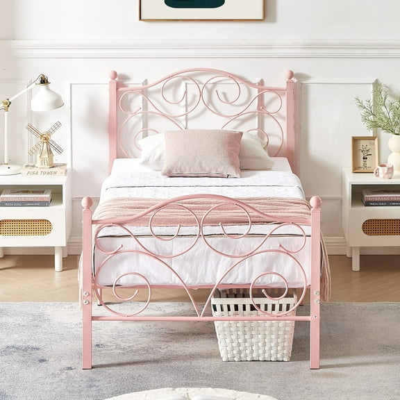 VECELO Twin Bed Frame with Headboard & Footboard, Modern Metal Platform Bed Frame with Underbed Storage Space, No Box Spring Needed, Heavy Duty & Quick Assembly, Pink
