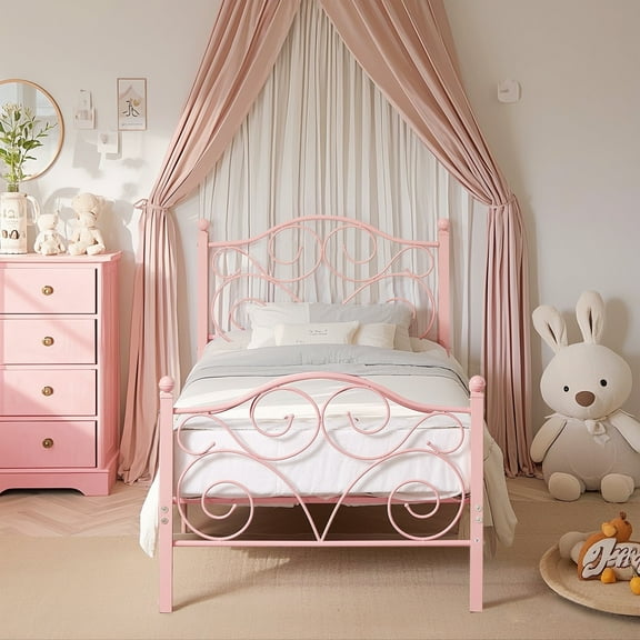 VECELO Twin Bed Frame Metal Platform Bed Frame with Butterfly Shaped Headboards and Footboard, Mattress Foundation for Storage, No Box Spring Needed, Easy Assembly, Twin Size, Pink