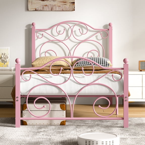 VECELO Twin Size Bed Frame with Butterfly Shaped Headboards and Footboard, Metal Platform Bed Frame/Mattress Foundation, No Box Spring Needed, Easy Assembly, Pink