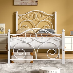 VECELO Twin Size Bed Frame with Butterfly Shaped Headboards and Footboard, Metal Platform Bed Frame/Mattress Foundation, No Box Spring Needed, Easy Assembly, White