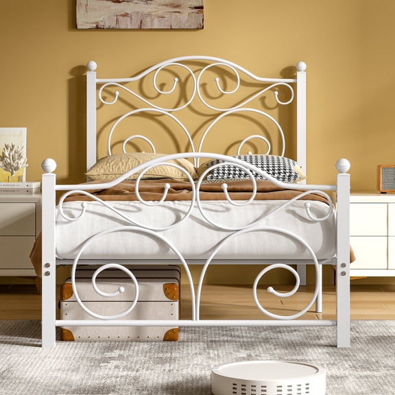 VECELO Twin Size Bed Frame with Butterfly Shaped Headboards and Footboard, Metal Platform Bed Frame/Mattress Foundation, No Box Spring Needed, Easy Assembly, White