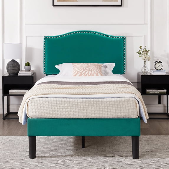 VECELO Twin Bed Frame, Nailhead Trim Upholstered Platform Bed with Adjustable Headboard, Wooden Slats Support/No Box Spring Needed, Dark Green