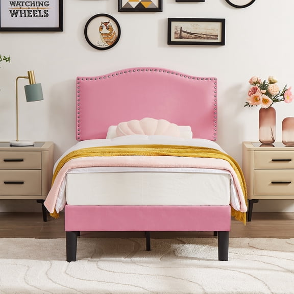 VECELO Twin Bed Frame, Nailhead Trim Upholstered Platform Bed with Adjustable Headboard, Wooden Slats Support/No Box Spring Needed, Pink
