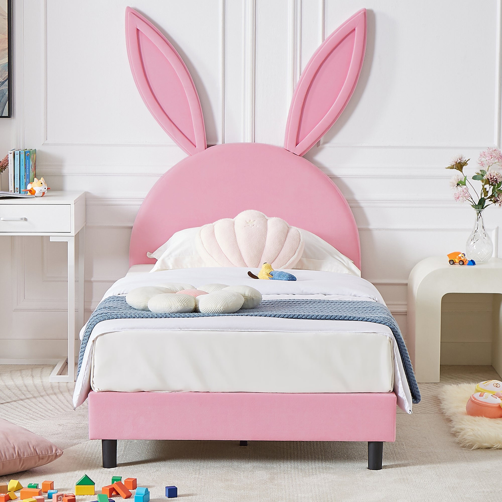 VECELO Twin Bed Frame for Kids, Upholstered Platform Bed with Rabbit