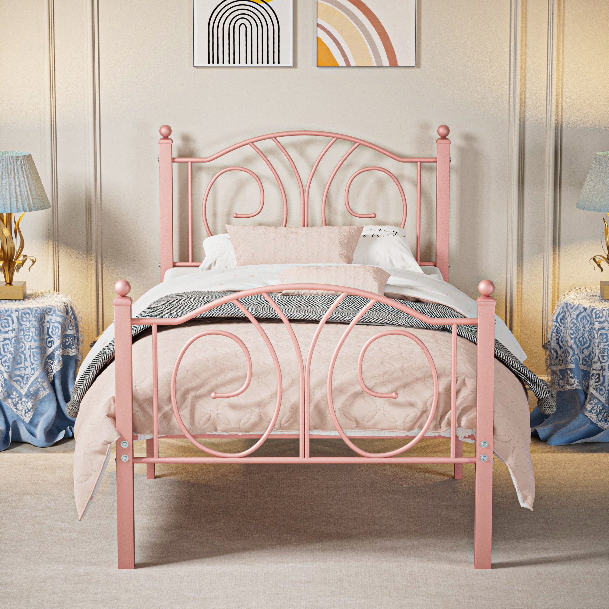 VECELO Twin Bed Frame with Headboard and Footboard, Heavy Duty Standard Platform Bed, Pink