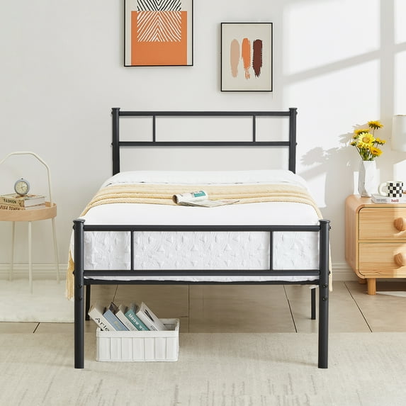 VECELO Twin Bed Frame with Headboard and Footboard, Metal Platform Bed Frame No Box Spring Needed Easy Assembly Mattress Foundation, Twin Size, Black