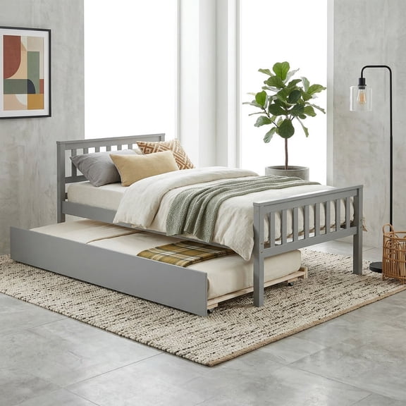 VECELO Twin Bed Frame with Trundle, Twin Size Wood Platform Bed with Storage, for Bedroom Small Living Space, No Box Spring Needed, Grey