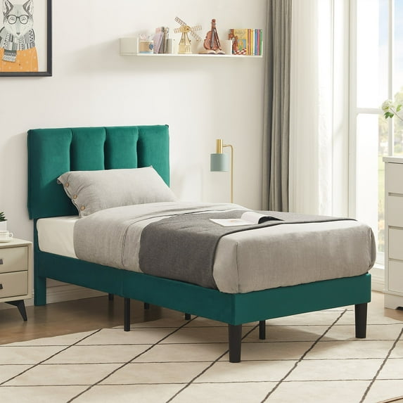 VECELO Twin Bed Frame with Upholstered Headboard, Heavy-Duty Platform Bedframe with Strong Wooden Slats Support, No Boxing Spring Needed,Dark Green