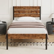 VECELO Twin Bed Frame with Wooden Headboard, Rustic Industrial Platform Bed and Strong Metal Slats, No Box Spring Needed, Brown