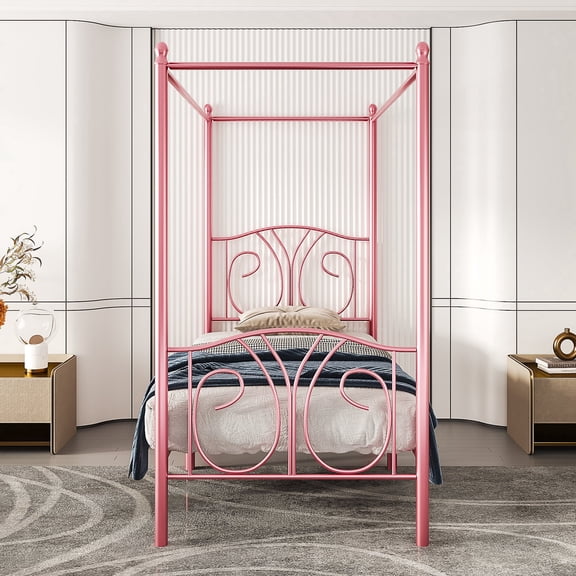 VECELO Twin Metal Bed Frame, Canopy Four Posters Platform Bed Frame with Headboard & Footboard, No Box Spring Needed, Pink