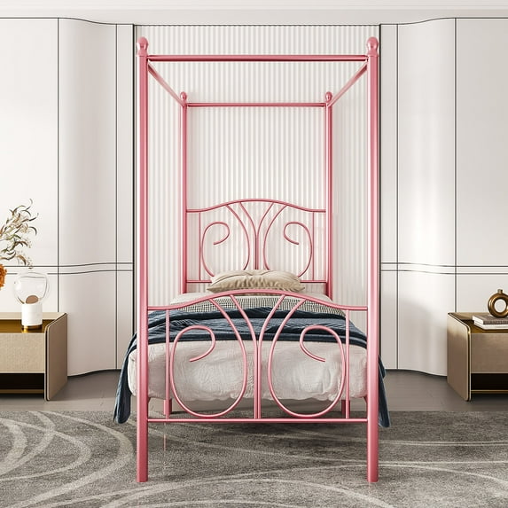 VECELO Twin Metal Bed Frame, Canopy Four Posters Platform Bed Frame with Headboard & Footboard, No Box Spring Needed, Pink