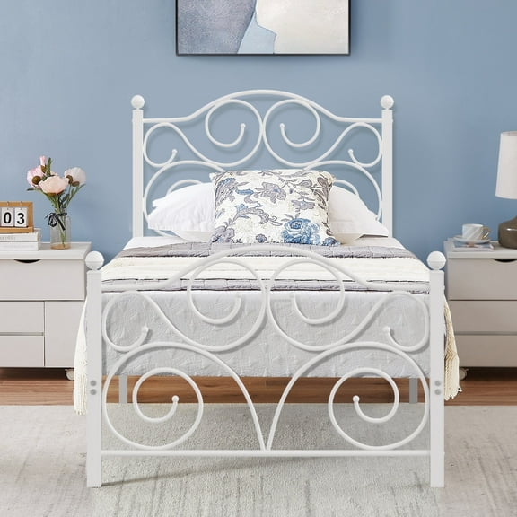 VECELO Twin Metal Bed Frame with Headboard & Footboard, Box Spring Replacement, Heavy Duty & Quick Assembly, White