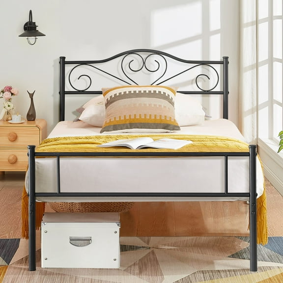 VECELO Twin Metal Bed Frame with Headboard & Footboard, Heavy Duty Steel Slat Platform Mattress Support, No Box Spring Needed, Black