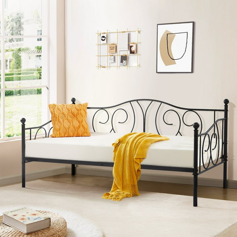 VECELO Twin Metal Daybed Victorian Sofa Bed for Child Guest Heavy Duty Metal Slats No Box Spring Needed Black