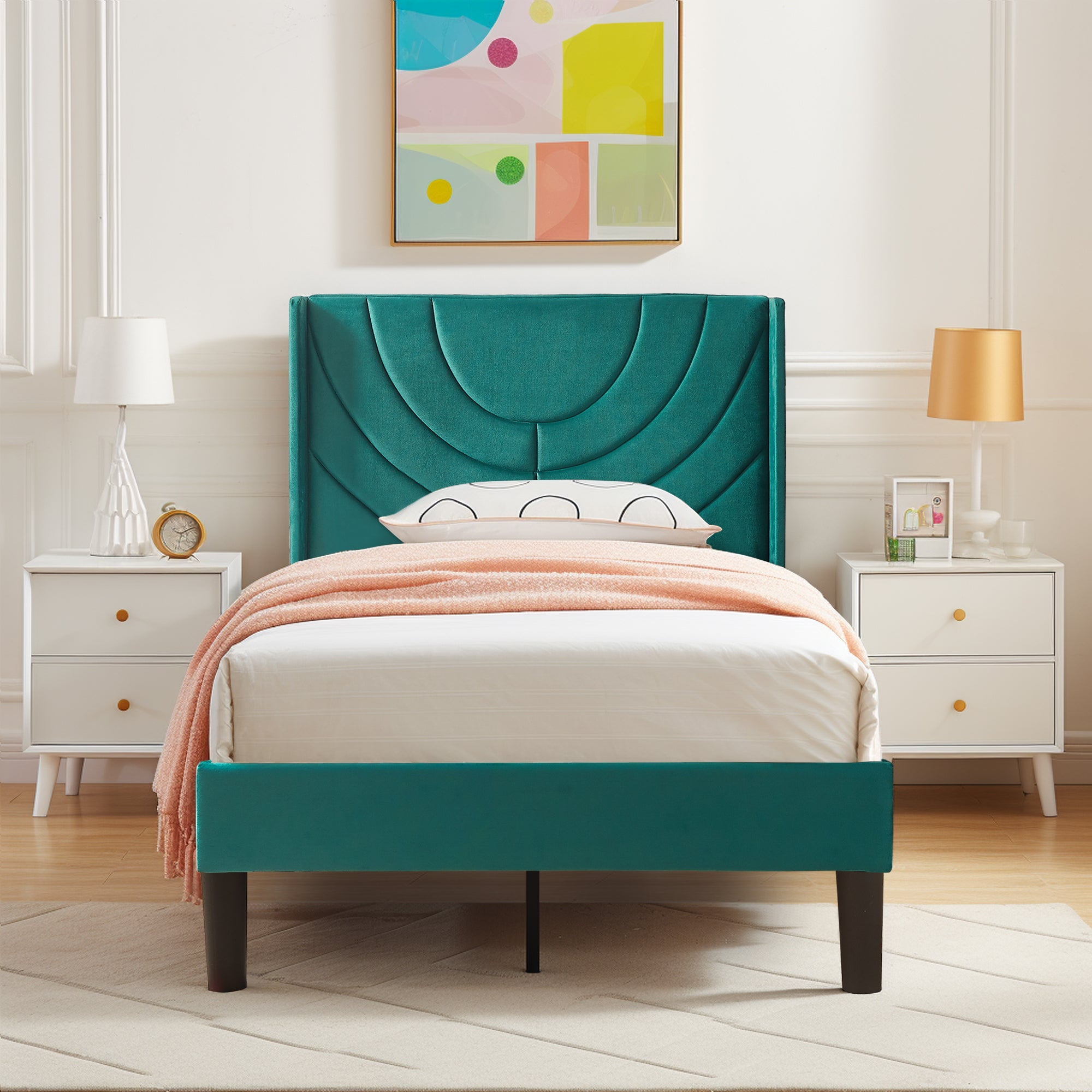 VECELO Twin Platform Bed Frame with Upholstered Headboard, Strong Wooden Slats/No Box Spring Needed, Dark Green