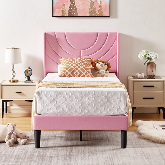 VECELO Twin Platform Bed Frame with Upholstered Headboard, Strong Wooden Slats/No Box Spring Needed, Pink