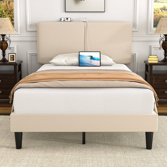 VECELO Twin Size Bed Frame with Charging Station, Upholstered Platform Bed Frame with Adjustable Headboard, Wooden Slats Support, No Box Spring Needed, Beige