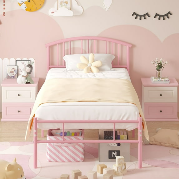 VECELO Twin Size Bed Frame with Arched Headboard, Metal Platform Bed Frame with Underbed Storage Space, Heavy Duty Slats, No Box Spring Needed, Easy Assembly, Pink