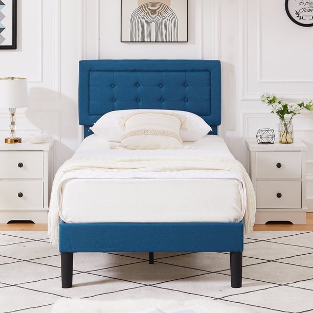 VECELO Twin Size Bed Frame, Button Tufted Upholstered Platform Bed with