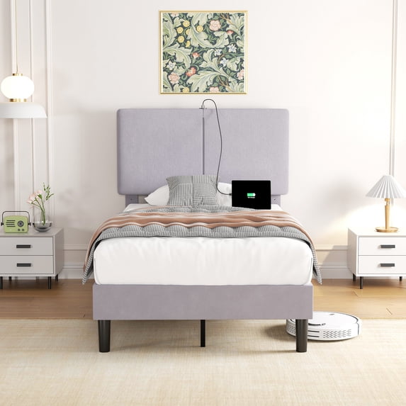 VECELO Twin Size Bed Frame with Charging Station, Upholstered Platform Bed Frame with Adjustable Headboard, Wooden Slats Support, No Box Spring Needed, Gray