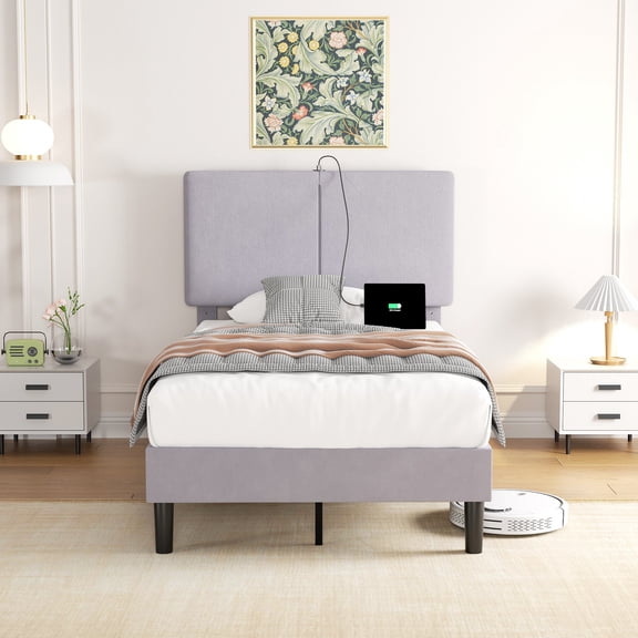 VECELO Twin Size Bed Frame with Charging Station, Upholstered Platform Bed Frame with Adjustable Headboard, Wooden Slats Support, No Box Spring Needed, Gray