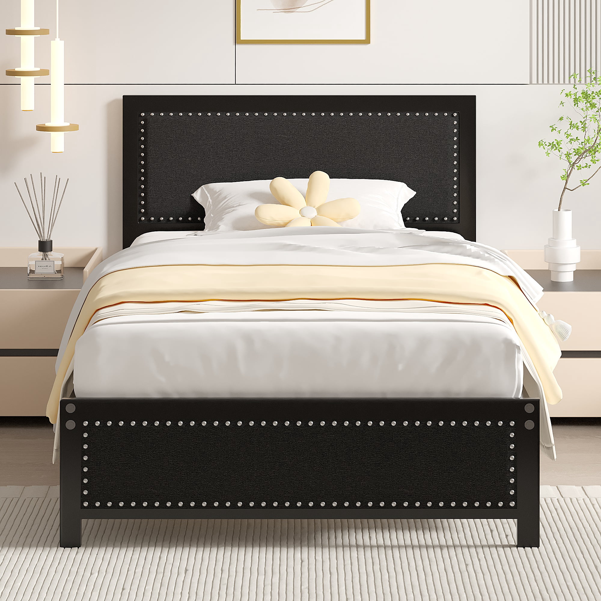 VECELO Twin Size Bed Frame Metal Platform Bed with Upholstered Headboard, No Box Spring Needed, Black