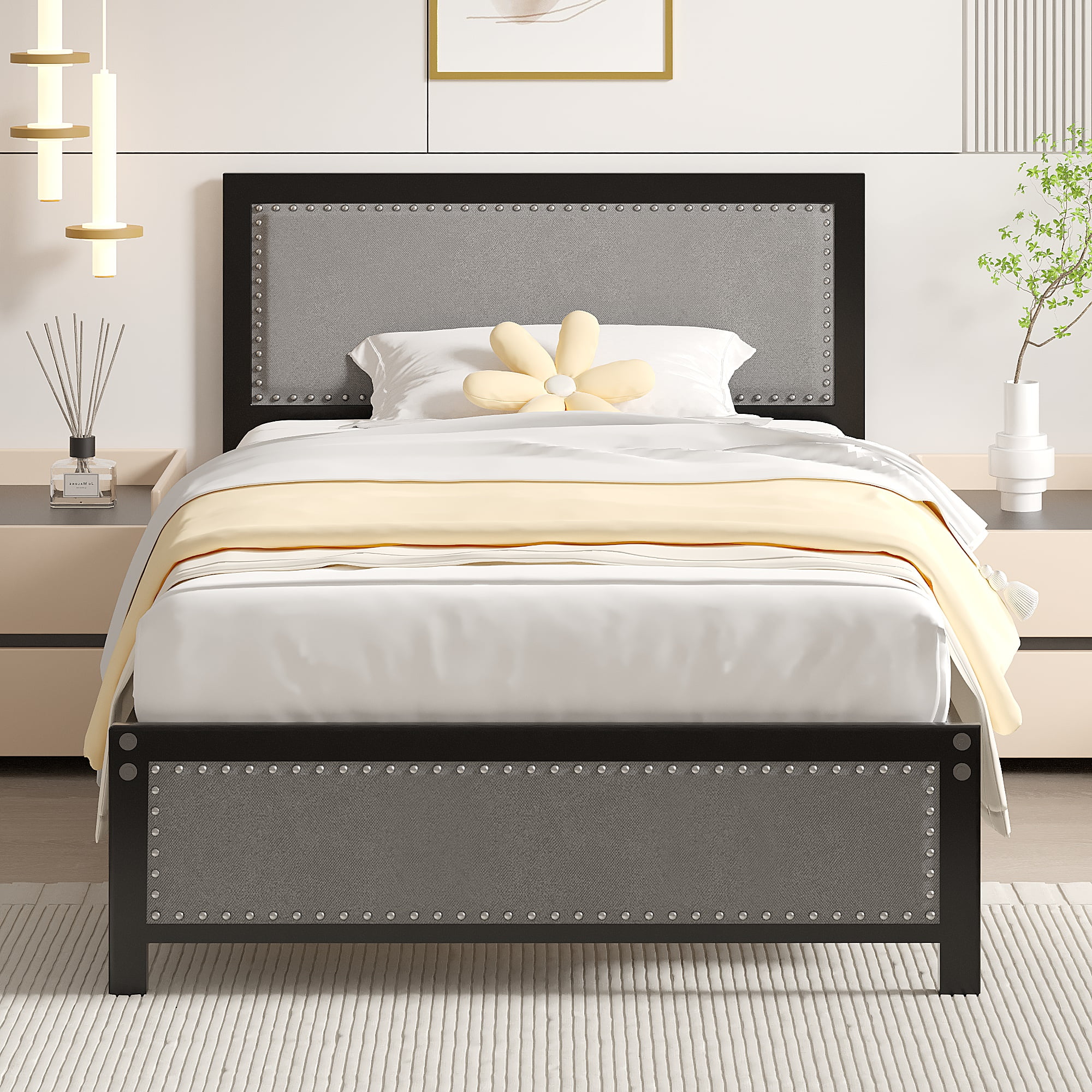 VECELO Twin Size Bed Frame Metal Platform Bed with Upholstered Headboard, No Box Spring Needed, Gray