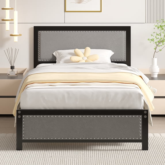 VECELO Twin Size Bed Frame Metal Platform Bed with Upholstered Headboard, No Box Spring Needed, Gray