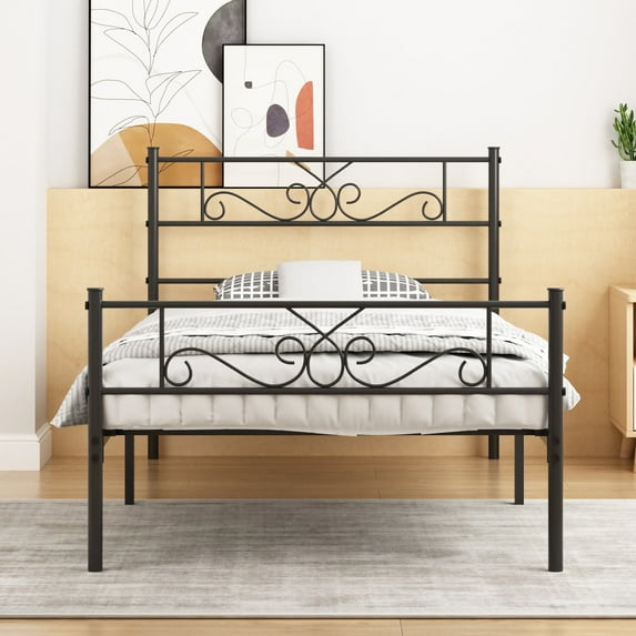 VECELO Twin Size Bed Frame, Metal Platform Bed Frame with with Headboard and Footboard, Heavy Duty Mattress Foundation with Storage, No Box Spring Needed, Black