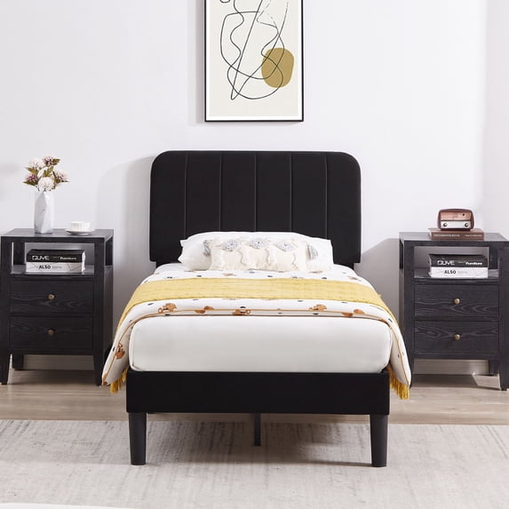 VECELO Twin Size Bed Frame, Modern Upholstered Platform Bed Frame with Adjustable Headboard, Wooden Slats Support/No Box Spring Needed, Black