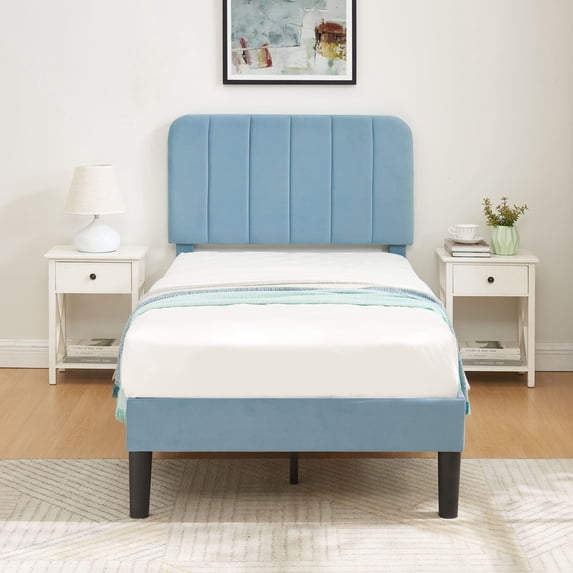 VECELO Twin Size Bed Frame, Modern Upholstered Platform Bed Frame with Adjustable Headboard, Wooden Slats Support/No Box Spring Needed, Light Blue