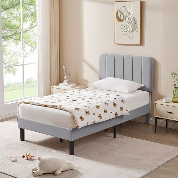 VECELO Twin Size Bed Frame, Modern Upholstered Platform Bed Frame with Adjustable Headboard, Wooden Slats Support/No Box Spring Needed, Light Gray