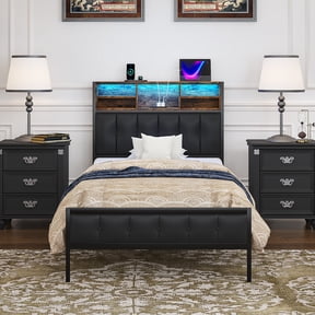 VECELO Twin Size Bed Frame, Storage Headboard with Charging Station and LED Lights, Upholstered Platform Bed Frame with Book Case, Noise Free, No Box Spring Needed, Easy To Assemble