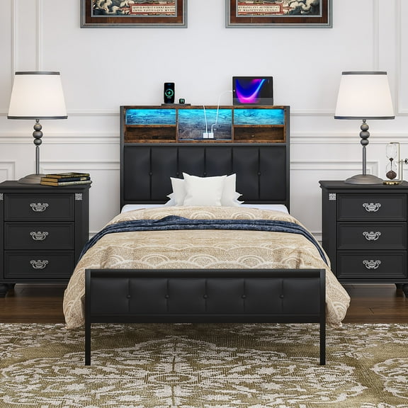 VECELO Twin Size Bed Frame, Storage Headboard with Charging Station and LED Lights, Upholstered Platform Bed Frame with Book Case, Noise Free, No Box Spring Needed, Easy To Assemble