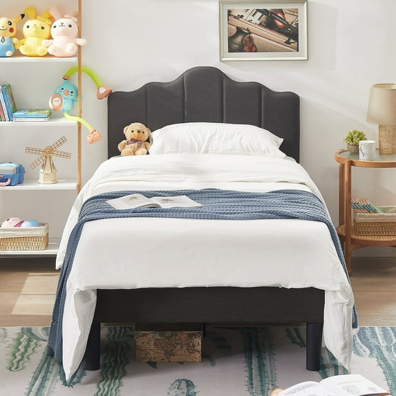 VECELO Twin Size Bed Frame, Upholstered Platform Bed with Adjustable Headboard, Wooden Slats Support, No Box Spring Needed, Easy Assembly, Eco Friendly Packaging, Dark Gray