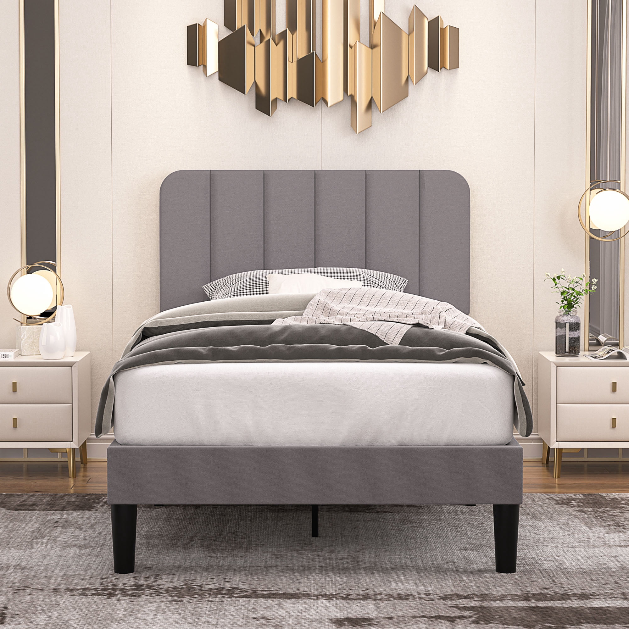VECELO Twin Size Bed Frame, Upholstered Platform Bed Frame with Adjustable Headboard, No Box Spring Needed, Easy Assembly, Dark Gray