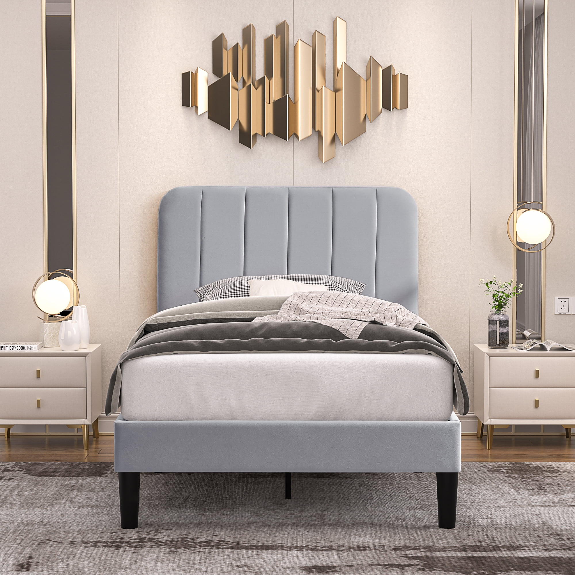VECELO Twin Size Bed Frame, Upholstered Platform Bed Frame with Adjustable Headboard, No Box Spring Needed, Easy Assembly, Light Gray