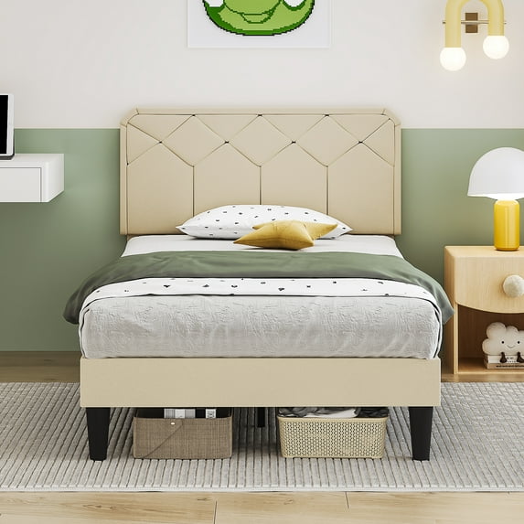 VECELO Twin Size Bed Frame with Adjustable Headboard, Upholstered Platform Bed Frame with Wooden Slats Support, No Box Spring Needed, Beige