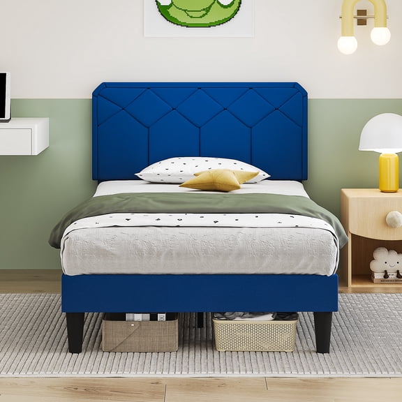 VECELO Twin Size Bed Frame with Adjustable Headboard, Upholstered Platform Bed Frame with Wooden Slats Support, No Box Spring Needed, Dark Blue